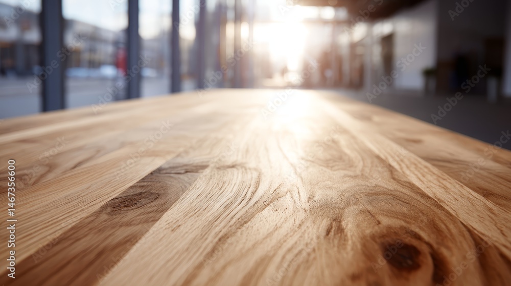 Poster Sunlight streams across a polished oak dining table, emphasizing the intricate grain patterns and creating a warm and inviting atmosphere for dining