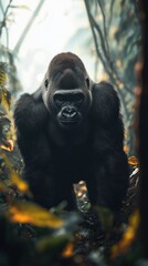 Obraz premium Powerful gorilla staring intensely from lush jungle foliage.