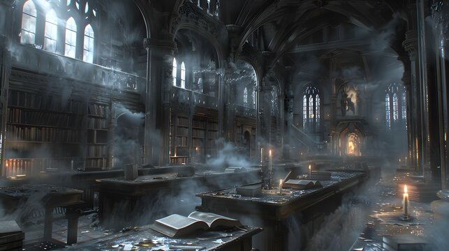 An eerie abandoned library with dust covered book shells 