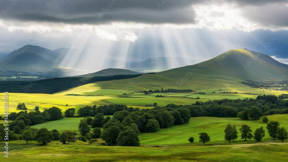 Poster Crepuscular rays filtering through clouds illuminate rolling green hills. Vibrant fields. And lush trees. Crafting a breathtaking pastoral panorama that captures the essence of tranquility and beauty
