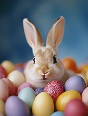 24. A bunny peeking from behind a pile of eggs