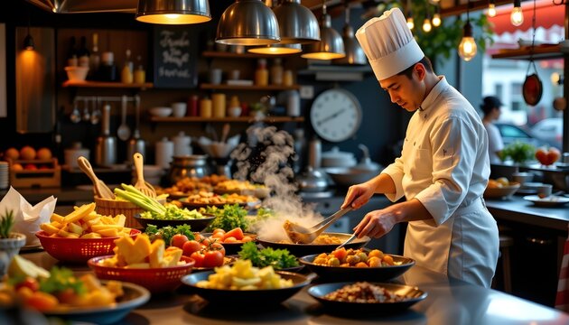 Skilled chef preparing various meals in a kitchen with fresh ingredients and culinary tools