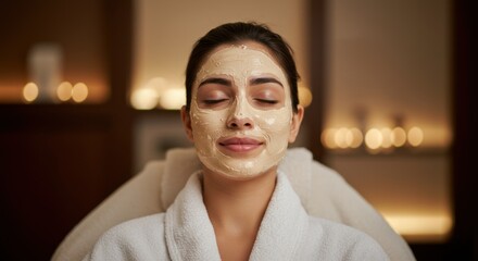 Woman with facial mask wearing a robe relaxing in a spa setting.
