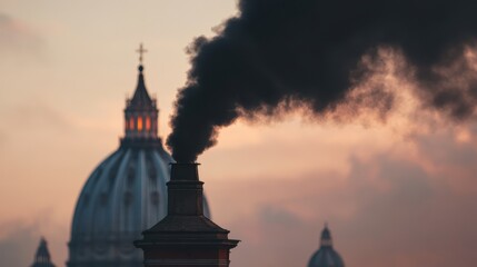 Clouds of black smoke rise from the Vatican chimney against a backdrop of St. Peter's dome in the evening sky, creating a deeply religious and contemplative atmosphere