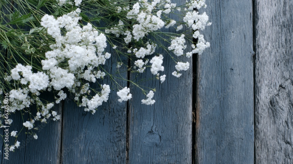 Poster a collection of delicate white wildflowers is thoughtfully arranged on a weathered black wooden surf