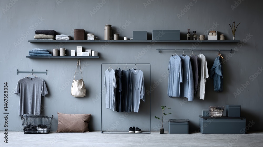 Poster utility room highlights organized shelving with various items, a dedicated folding station, and soft