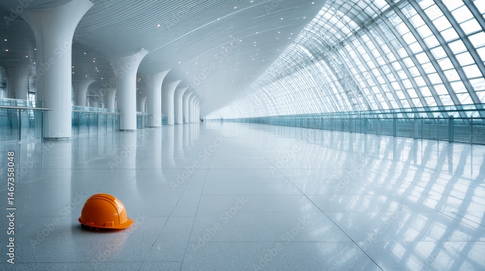 Poster a robotic arm is prominently displayed next to an orange safety helmet in a contemporary constructio