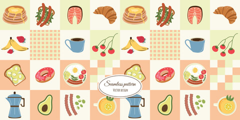 Modern seamless checkered pattern with hand-drawn breakfast items. Vector design.