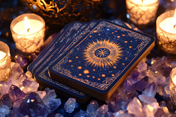 Mystical tarot cards placed on amethyst crystals with glowing candles, perfect for themes of divination, fortune telling, spirituality, astrology, and magical rituals