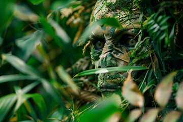 Obraz premium Alien with plant-like features in a jungle, with dappled, natural lighting and lush vegetation. Generative AI