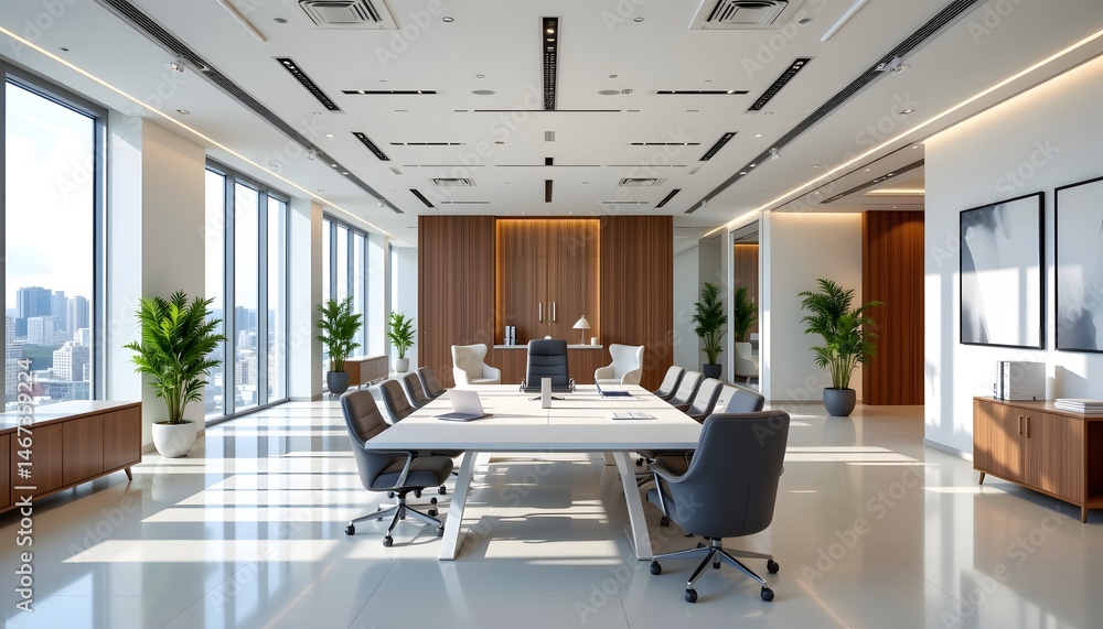 Poster modern corporate office with a large table and sleek design elements in an open environment