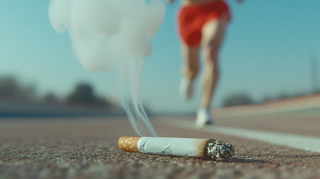The runner is out of focus, so the attention is on the cigarette. An antithetical visual juxtaposition where health is the core of the image.