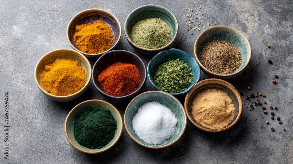 Poster an artistic arrangement of colorful spices in ceramic bowls creates a captivating culinary display o