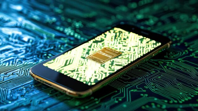 A smartphone displaying a vibrant circuit board pattern, symbolizing technology and digital innovation.