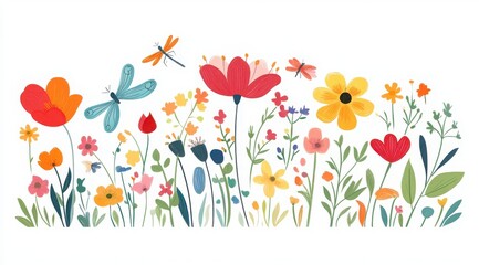 spring flowers and butterflies flat vector border illustration on white background