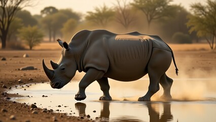 Fototapeta premium Rhinoceros Walking Through Waterhole in African Landscape