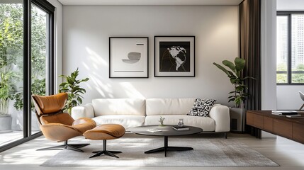 Fototapeta premium Modern living room with natural light, comfortable furniture, and minimalist art.
