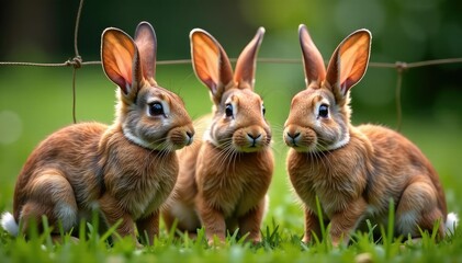 Obraz premium Group of brown rabbits separated by wire mesh, mesh, group, farm