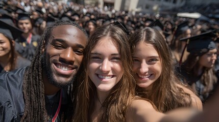 Three happy diverse graduates take a celebratory selfie together amidst a large crowd of fellow graduates at their commencement ceremony.