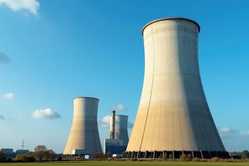 Fototapeta premium Industrial cooling towers against a blue sky Large, powerful, and efficient structures , condenser, structure, tall