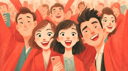A cheerful crowd of young adults takes a joyful selfie together celebrating a special occasion in vibrant red attire.