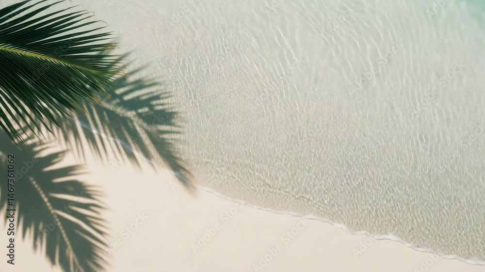 Aufkleber tropical background with palm tree leaves casting a shadow on white sand beach next to calm turquois