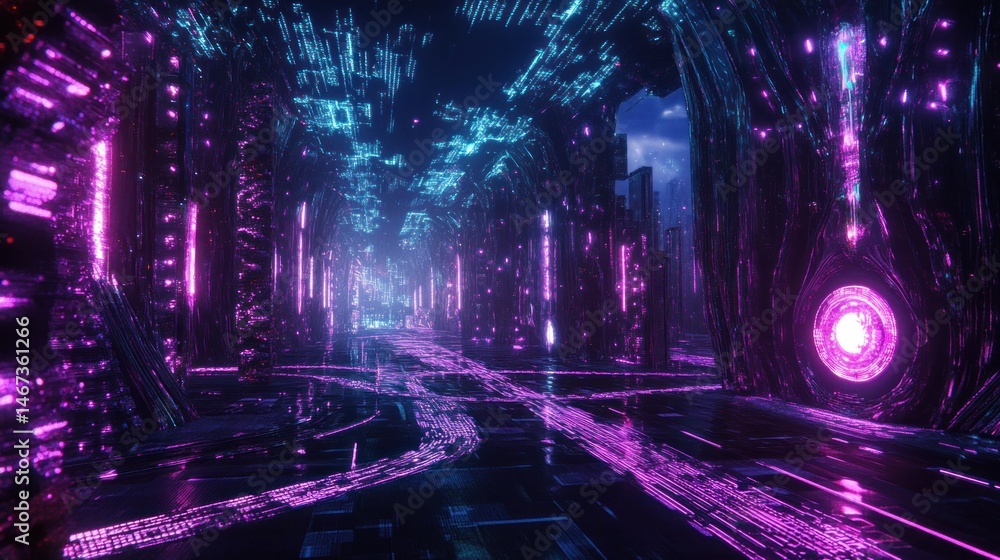 Poster futuristic neon-lit corridor with glowing pathways and structures