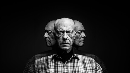 Fototapeta premium Senior man with a blank stare is looking directly ahead as his split personalities emit from either side of his head. Mental disorder concept