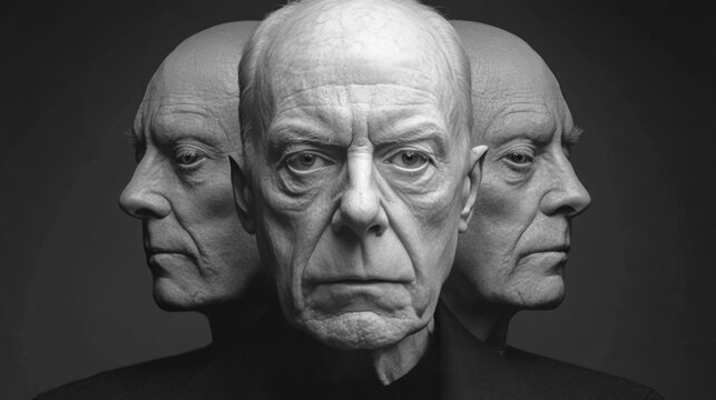 Senior man with a blank stare is looking directly ahead as his split personalities emit from either side of his head. Mental disorder concept