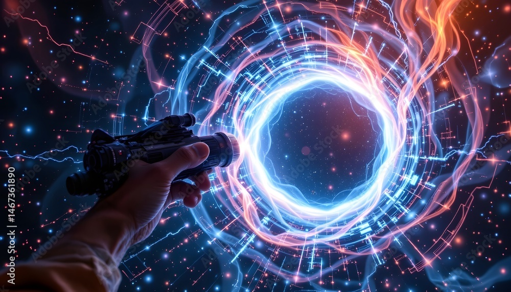 Aufkleber space explorer holding a gun while adjusting a wormhole device in outer space environment