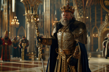 King with a golden crown and sceptre, standing authoritatively in a grand hall. Generative AI