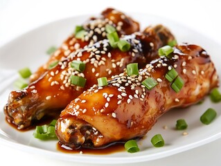 Glazed Chicken Drumsticks Sprinkled with Sesame Seeds and Green Onions on Plate