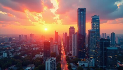 Fototapeta premium Modern city office buildings at sunset, skyscrapers, urban landscape , downtown, business