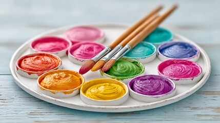 Naklejka premium Colorful Paint Palette with Brushes on Wood.