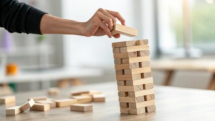 Realistic Illustration of Human Hand Stopping Falling Wooden Blocks Representing Risk Control