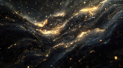 Luxurious galactic black marble texture adorned with shimmering gold specks and flowing cosmic veins in silver and copper, evoking futuristic elegance