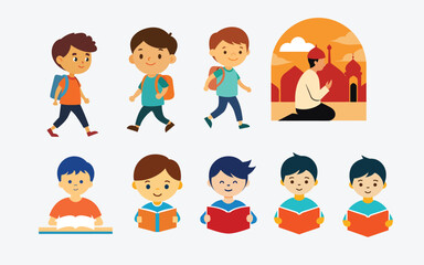 Cartoon Boys Vector Set – School, Prayer, and Reading Activities Illustration