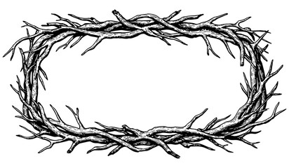 Rustic black and white vector illustration of a rectangular wooden twig frame made from intertwined branches and sticks, ideal for nature-themed designs, invitations, labels, or signage.