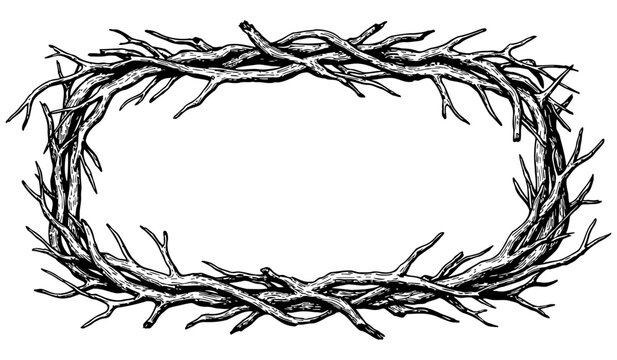 Rustic black and white vector illustration of a rectangular wooden twig frame made from intertwined branches and sticks, ideal for nature-themed designs, invitations, labels, or signage.