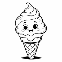 Cute Ice Cream Character Line Art for Coloring Pages or Children's Design.