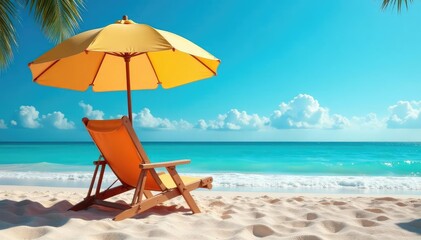 Relaxing umbrella beach chair on sandy beach, sunny day , landscape, shoreline