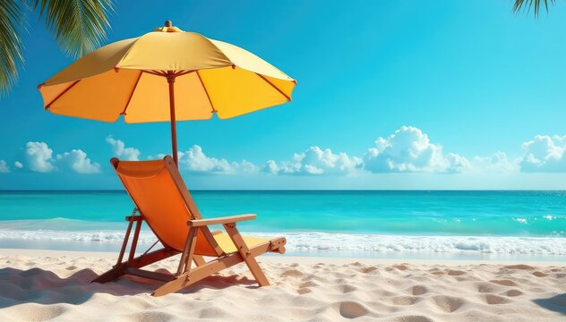 Relaxing umbrella beach chair on sandy beach, sunny day , landscape, shoreline
