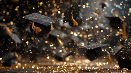 Many black graduation caps with gold tassels joyfully fall against a shimme gold glitter background celebrating academic achievement.