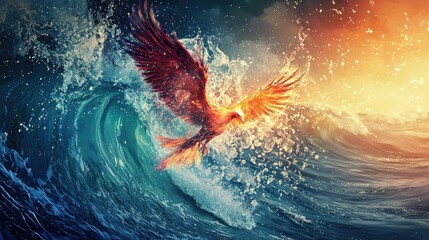 Fiery bird soaring above a vibrant mix of water and fire.