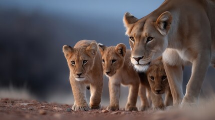 Obraz premium Lion cubs playing near their mother, captured at a distance with soft light and natural habitat using a 300mm lens