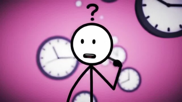 Confused Stick Figure with Clocks Questioning Time Management and Deadlines
