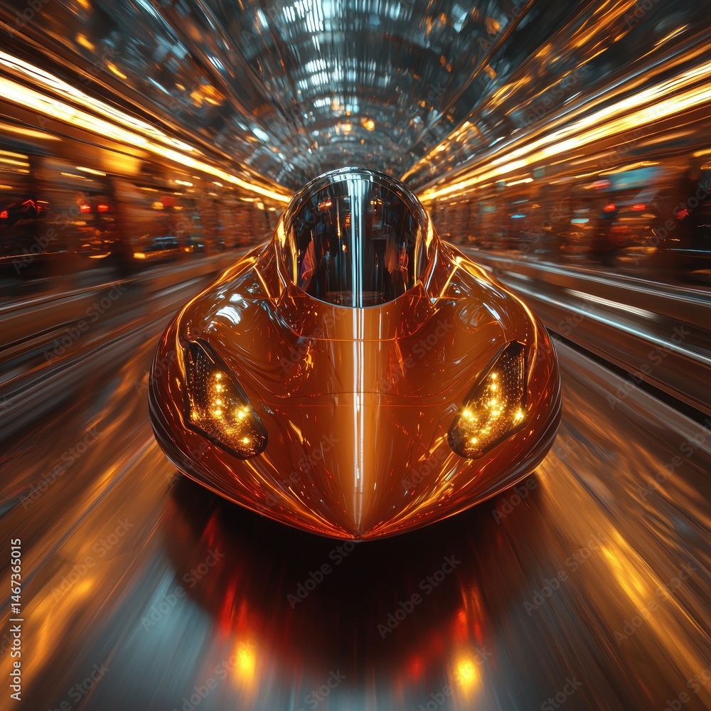 Poster futuristic vehicle speeding through a lit tunnel with motion blur effect