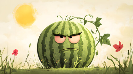 Angry cartoon watermelon character illustration, funny fruit with grumpy facial expression in nature scene, cute vegetable mascot concept, playful summer humor artwork, children design, creative food 