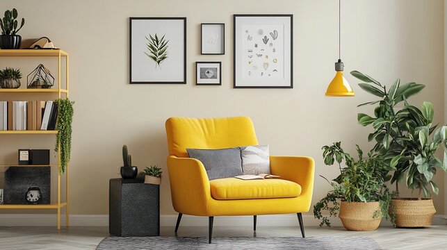 Cozy yellow armchair in a modern living room with plants and framed artwork.