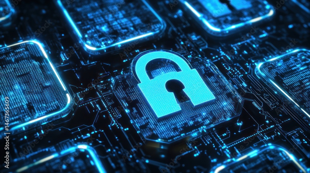 Poster digital lock symbolizing cybersecurity on a circuit board